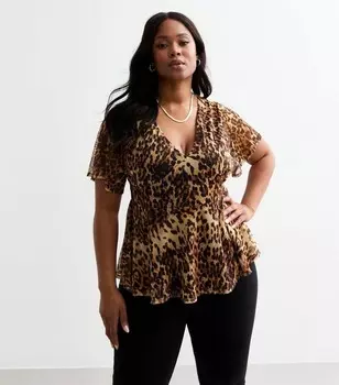 Коричневый сетчатый топ с баской и леопардовым принтом Curves New Look, коричневый