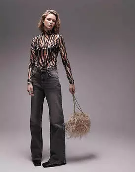 Коричневый сетчатый топ с высоким воротником и животным принтом Topshop