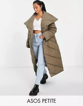 Коричневый стеганый пуховик макси ASOS DESIGN Petite с водопадом - BROWN