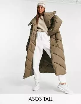 Коричневый стеганый пуховик макси с водопадом ASOS DESIGN Tall