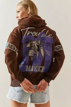 Коричневый свитшот с капюшоном и принтом на спине 4KXK8-47835-18 XHAN