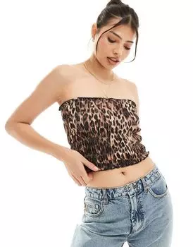 Коричневый топ-бандо со сборками и леопардовым принтом ASOS DESIGN