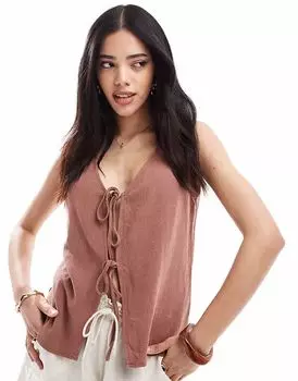 Коричневый топ из льняной смеси ASOS DESIGN с завязками спереди