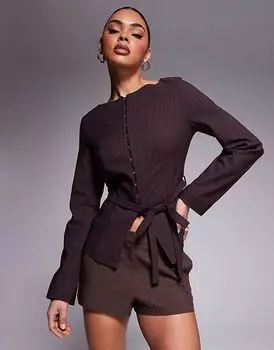 Коричневый топ River Island с вырезом-лодочкой и поясом
