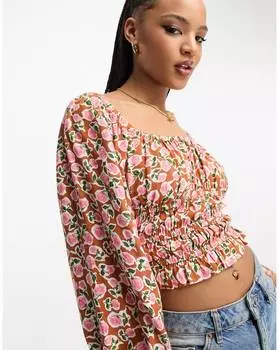 Коричневый топ с длинными рукавами и рюшами Miss Selfridge с цветочным принтом