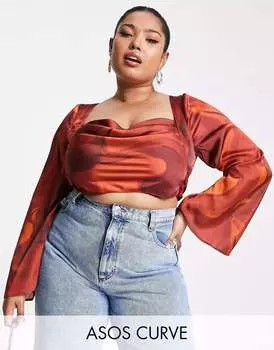 Коричневый топ с длинными рукавами и воротником-хомутом ASOS DESIGN Curve