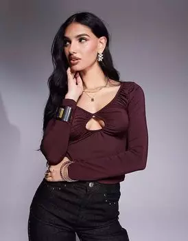 Коричневый топ с длинными рукавами и вырезом-замочной скважиной ASOS DESIGN