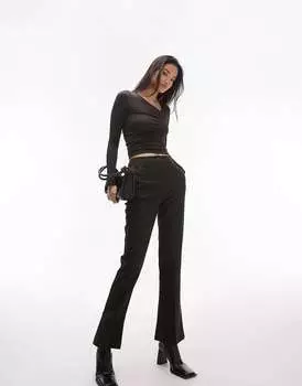 Коричневый топ с длинными рукавами и запахом и сборками по бокам Topshop