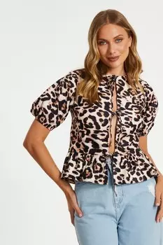 Коричневый топ с леопардовым принтом и завязками QUIZ Clothing