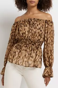 Коричневый топ с открытыми плечами и присборенной талией River Island, коричневый