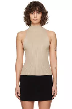 Коричневый топ с воротником-стойкой в рубчик Courrges