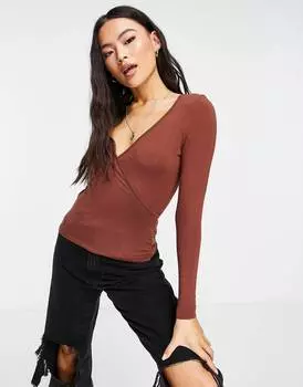 Коричневый топ с запахом и длинными рукавами ASOS DESIGN