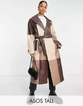 Коричневый тренч из искусственной кожи с нашивками ASOS DESIGN Tall