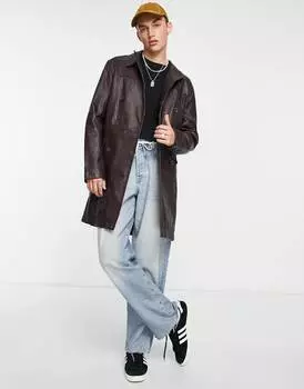 Коричневый тренч из натуральной кожи ASOS DESIGN