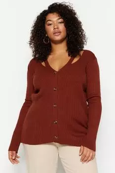 Коричневый трикотажный кардиган на пуговицах с V-образным вырезом Trendyol