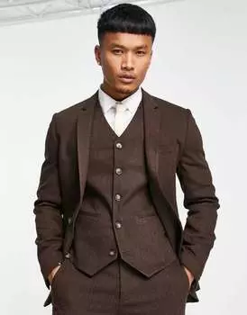 Коричневый твидовый пиджак суперскинни из смесовой шерсти ASOS