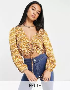 Коричневый укороченный топ с цветочным принтом Topshop petite