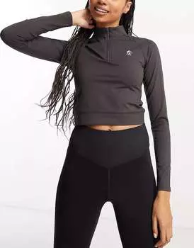 Коричневый укороченный топ с длинными рукавами на молнии Gym King 365 1/4