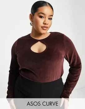 Коричневый велюровый топ с длинными рукавами и каплевидным вырезом ASOS DESIGN Curve