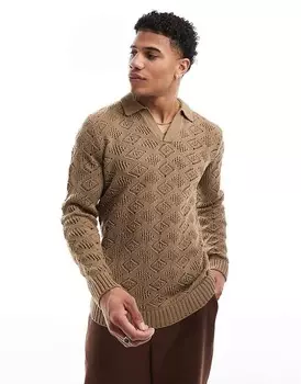 Коричневый вязаный джемпер с вырезом и фактурой ASOS DESIGN