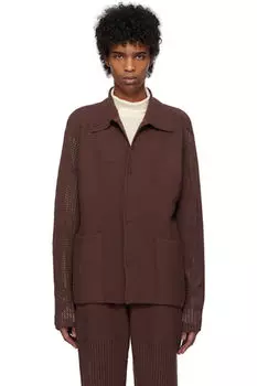 Коричневый вязаный кардиган в деревенском стиле HOMME PLISS ISSEY MIYAKE