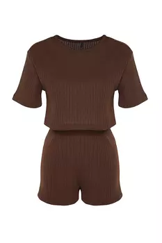 Коричневый вязаный пижамный комплект из хлопковой футболки и шорт со шнурком Trendyol