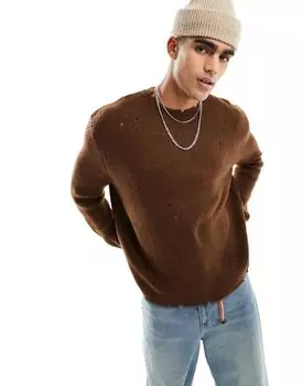 Коричневый вязаный плюшевый свитер оверсайз с вышивкой ASOS DESIGN