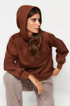 Коричневый вязаный свободный свитшот широкого кроя с капюшоном и карманами Trendyol Modest