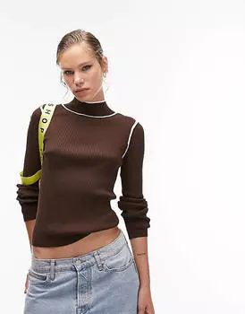 Коричневый вязаный топ с длинными рукавами и контрастной отделкой Topshop