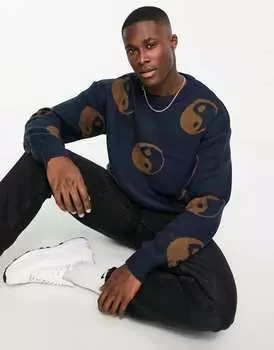 Коричневый жаккардовый джемпер оверсайз Jack & Jones ying yang