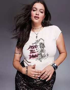 Короткая белая футболка ASOS DESIGN Curve 'Disco Till Dawn'