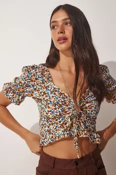 Короткая блузка с цветочным принтом Happiness Istanbul, коричневый