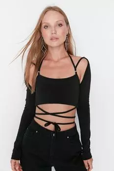 Короткая блузка со шнурками Trendyol, черный