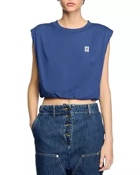 Короткая драпированная футболка Sandro, синий