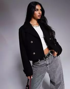 Короткая двубортная куртка из шерсти черного цвета River Island