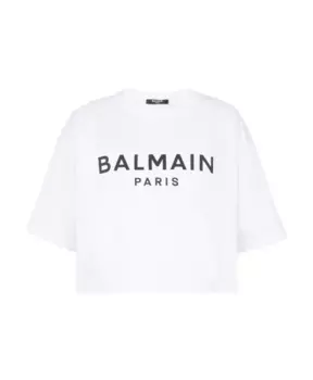 Короткая футболка из эко хлопка с принтом логотипа Balmain, белый