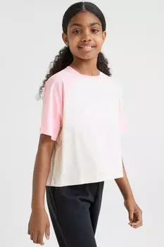 Короткая футболка из хлопкового трикотажа H&M, светло-розовый/светло-бежевый