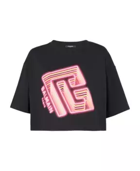 Короткая футболка с неоновым принтом Balmain, черный