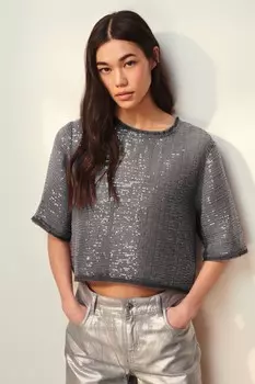 Короткая футболка с пайетками Next, серый