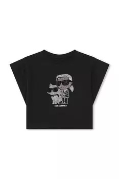 Короткая хлопковая футболка с декоративными камнями Karl Lagerfeld, черный