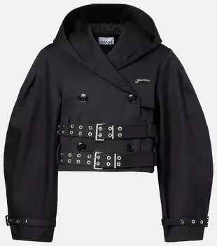 Короткая хлопковая куртка с поясом Ganni, черный