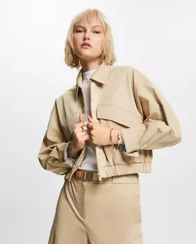 Короткая хлопковая женская куртка с карманами Esprit, бежевый