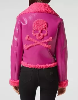 Короткая косуха из эко-овчины Skull&Bones Philipp Plein, фуксия