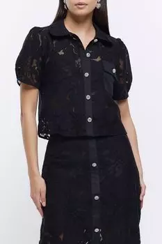Короткая кружевная блузка с блестящей отделкой и пуговицами River Island, черный
