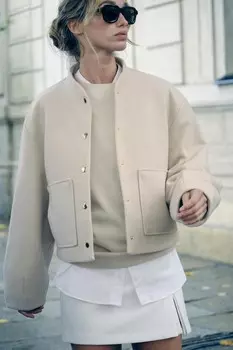 Короткая куртка-бомбер с накладными карманами ZARA, песочный