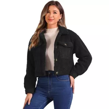 Короткая куртка для женщин, зимние повседневные куртки с лацканами из искусственного меха и длинными рукавами ALLEGRA K, черный