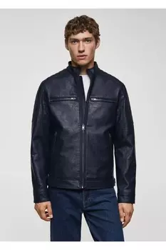 Короткая куртка из кожи напа Mango, темно-синий