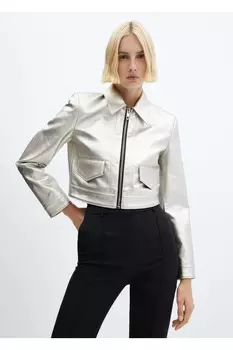 Короткая куртка металлик Mango, серебряный