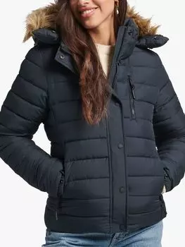 Короткая куртка-пуховик из искусственного меха с капюшоном Superdry, затмение темно-синий