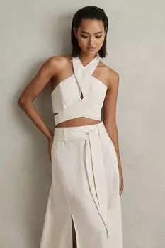 Короткая льняная блузка Abigail с вырезом бретельками Reiss, белый